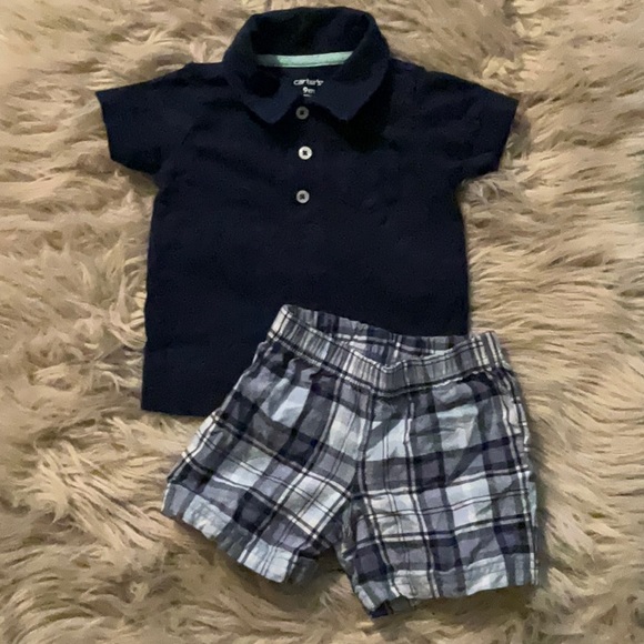 Carter’s short set. Blue plaid pull-up shorts and navy blue pullover shirt 9m. - Picture 1 of 9